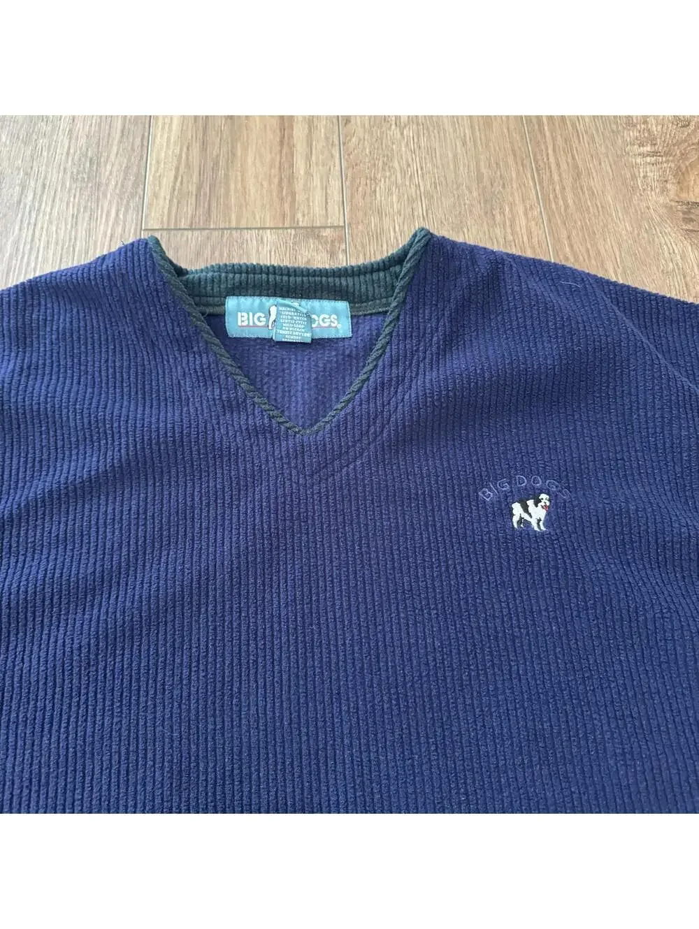 Vtg 90s Big Dogs Navy Blue Ribbed V-Neck Pullover Large